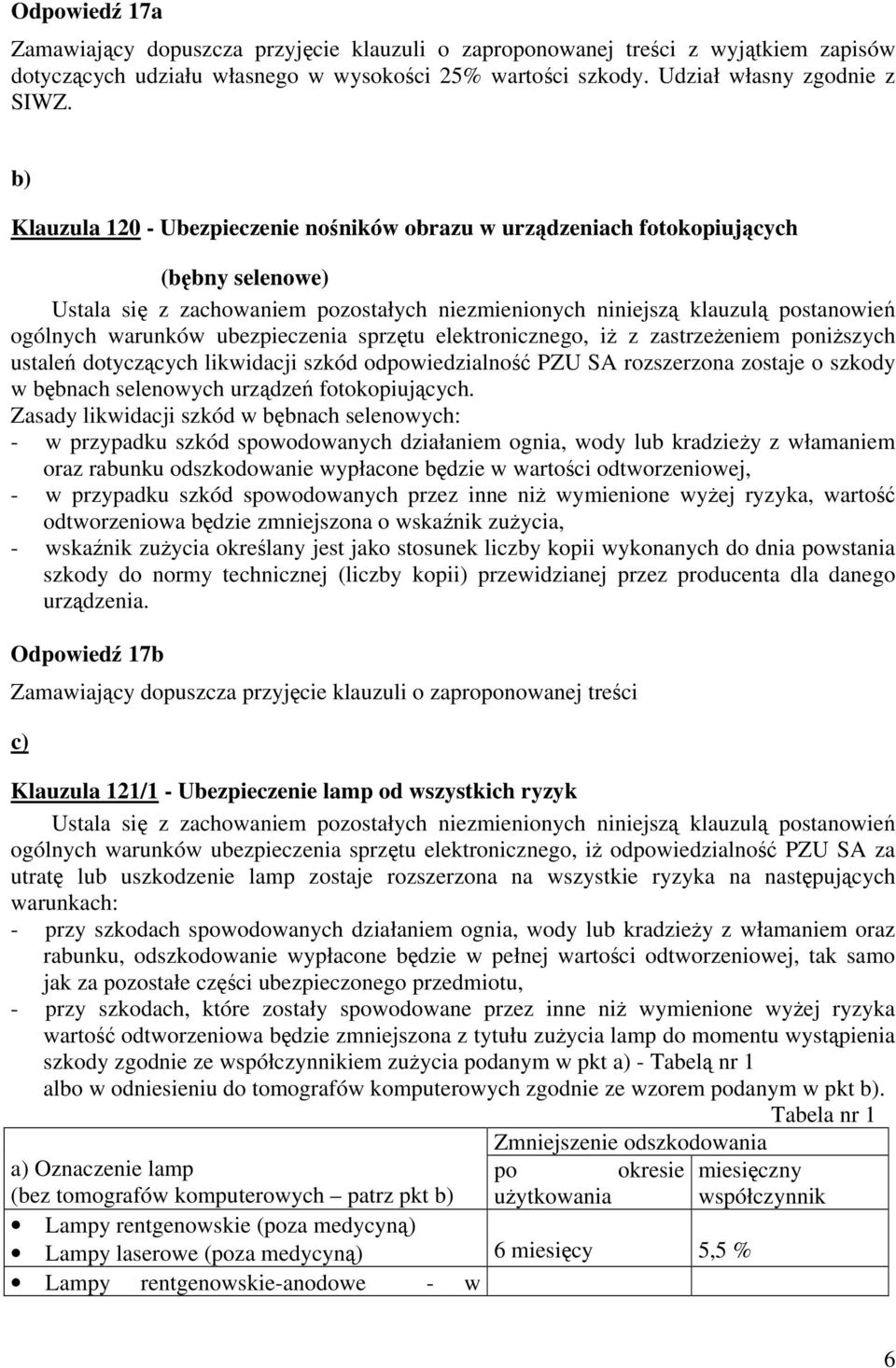 ubezpieczenia sprzętu elektronicznego, iż z zastrzeżeniem poniższych ustaleń dotyczących likwidacji szkód odpowiedzialność PZU SA rozszerzona zostaje o szkody w bębnach selenowych urządzeń