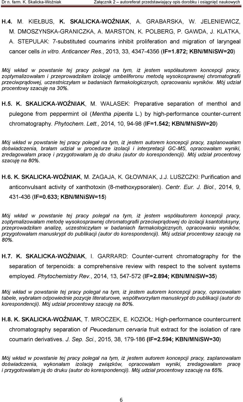 872; KBN/MNiSW=20) Mój wkład w powstanie tej pracy polegał na tym, iż jestem współautorem koncepcji pracy, zoptymalizowałam i przeprowadziłam izolację umbeliferonu metodą wysokosprawnej