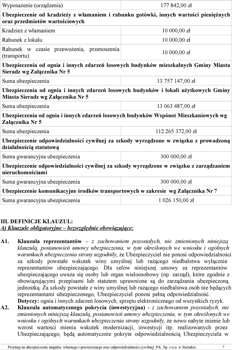 Załącznika Nr 5 Suma ubezpieczenia 13 757 147,00 zł Ubezpieczenia od ognia i innych zdarzeń losowych budynków i lokali użytkowych Gminy Miasta Sieradz wg Załącznika Nr 5 Suma ubezpieczenia 13 063