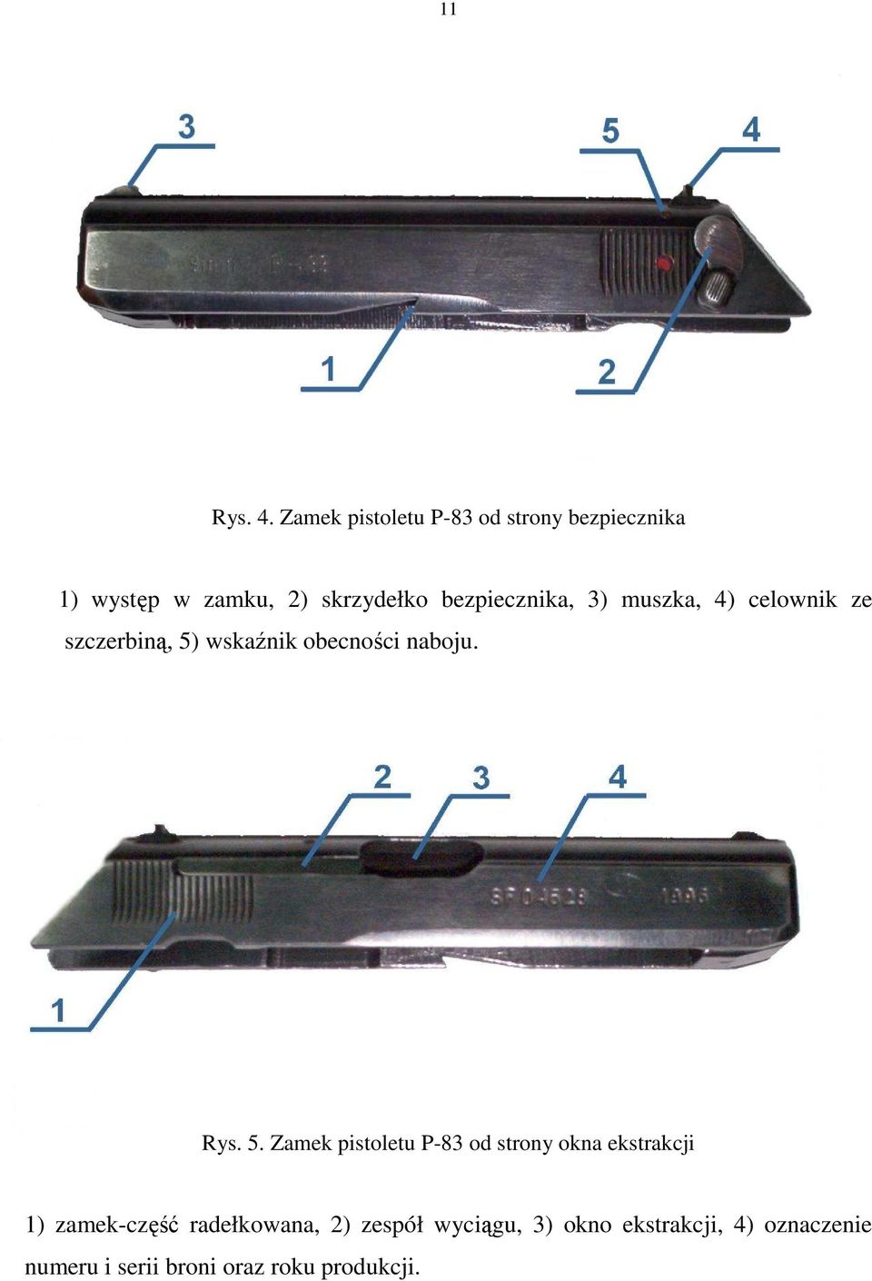 bezpiecznika, 3) muszka, 4) celownik ze szczerbiną, 5) wskaźnik obecności naboju. Rys.