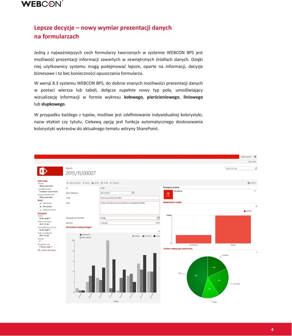 3 systemu WEBCON BPS, do dobrze znanych możliwości prezentacji danych w postaci wiersza lub tabeli, dołącza zupełnie nowy typ pola, umożliwiający wizualizację informacji w formie wykresu kołowego,