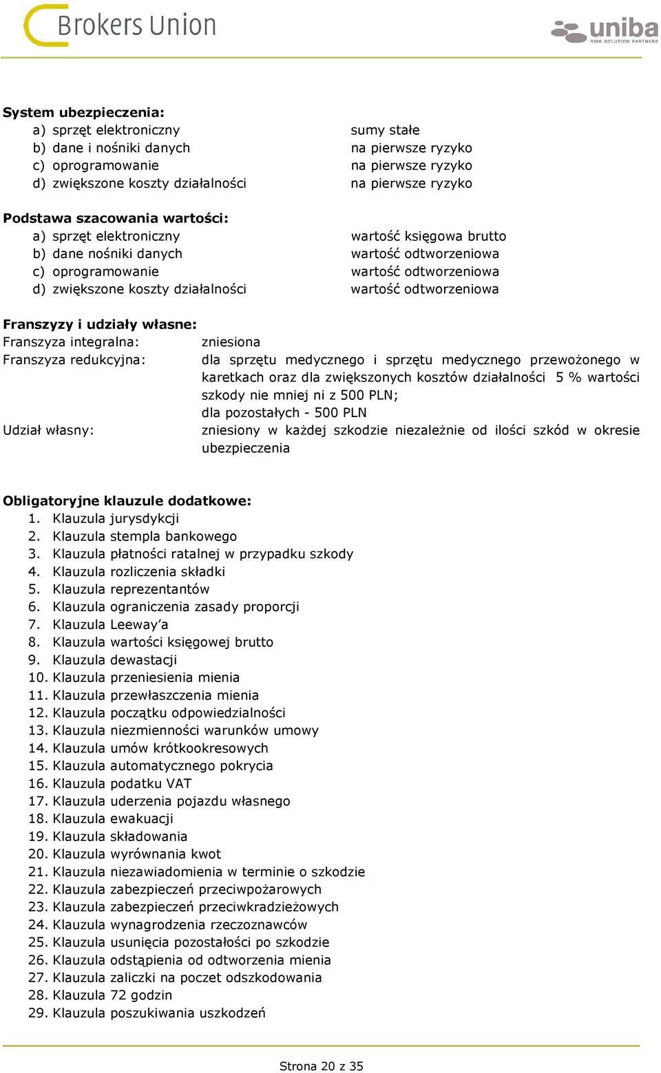 Franszyzy i udziały własne: Franszyza integralna: Franszyza redukcyjna: Udział własny: zniesiona dla sprzętu medycznego i sprzętu medycznego przewożonego w karetkach oraz dla zwiększonych kosztów