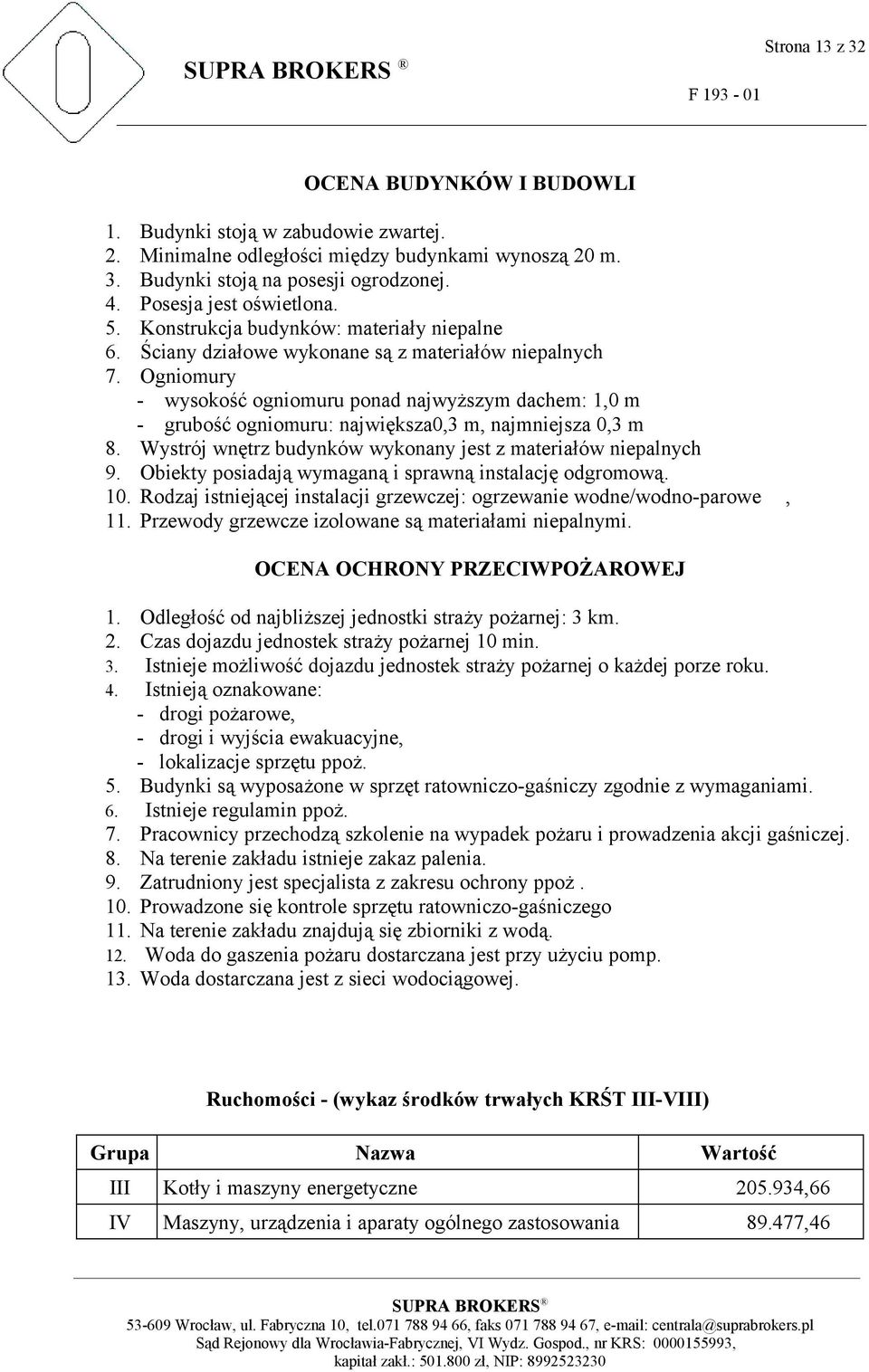 Ogniomury - wysokość ogniomuru ponad najwyższym dachem: 1,0 m - grubość ogniomuru: największa0,3 m, najmniejsza 0,3 m 8. Wystrój wnętrz budynków wykonany jest z materiałów niepalnych 9.