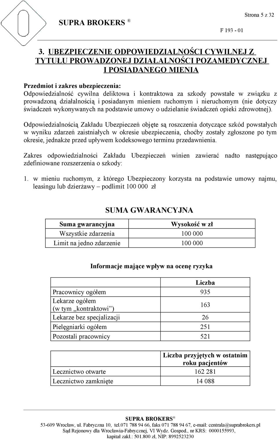 szkody powstałe w związku z prowadzoną działalnością i posiadanym mieniem ruchomym i nieruchomym (nie dotyczy świadczeń wykonywanych na podstawie umowy o udzielanie świadczeń opieki zdrowotnej).