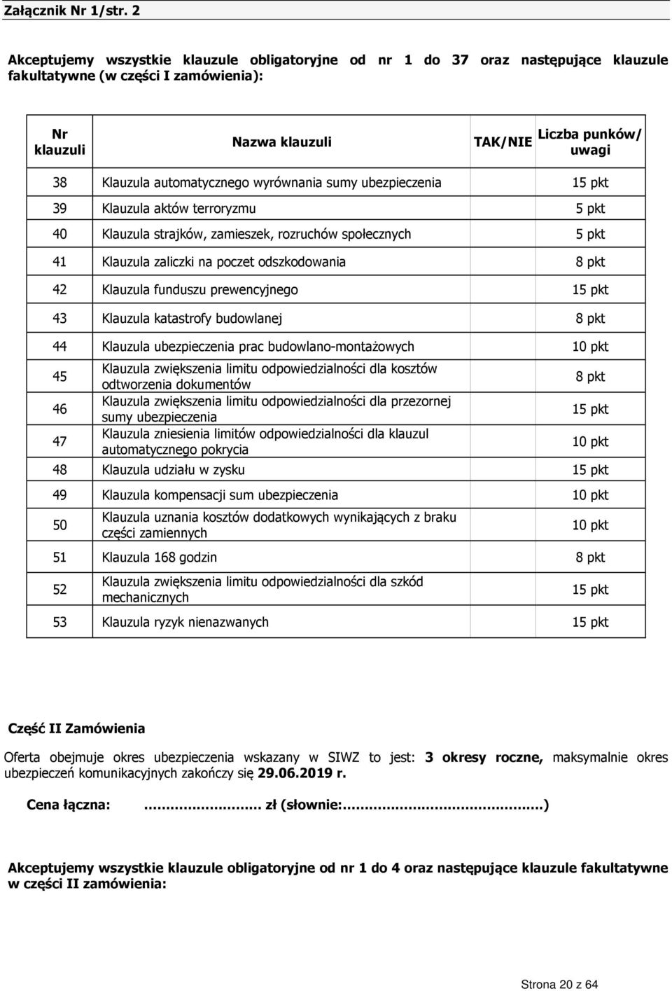 automatycznego wyrównania sumy ubezpieczenia 15 pkt 39 Klauzula aktów terroryzmu 5 pkt 40 Klauzula strajków, zamieszek, rozruchów społecznych 5 pkt 41 Klauzula zaliczki na poczet odszkodowania 8 pkt