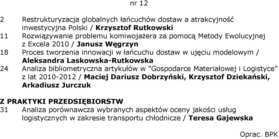 Analiza bibliometryczna artykułów w "Gospodarce Materiałowej i Logistyce" z lat 2010-2012 / Maciej Dariusz Dobrzyński, Krzysztof Dziekański, Arkadiusz Jurczuk