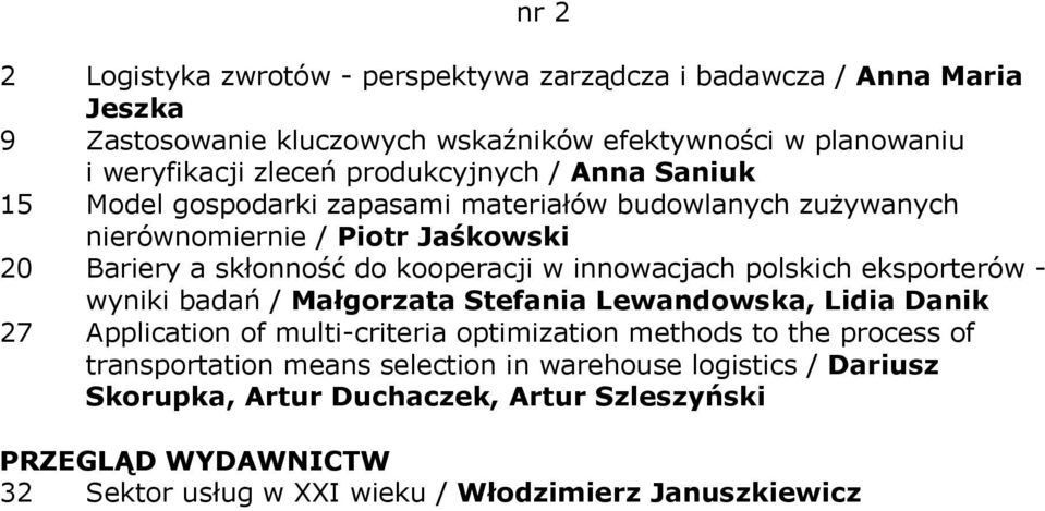 innowacjach polskich eksporterów - wyniki badań / Małgorzata Stefania Lewandowska, Lidia Danik 27 Application of multi-criteria optimization methods to the process of