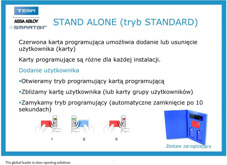 Dodanie użytkownika Otwieramy tryb programujący kartą programującą Zbliżamy kartę użytkownika