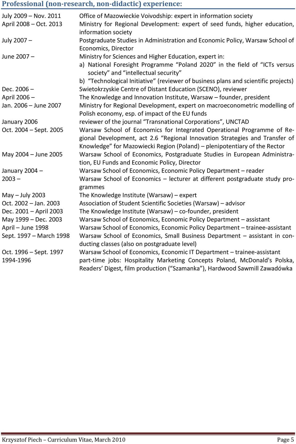 Director June 2007 Ministry for Sciences and Higher Education, expert in: a) National Foresight Programme Poland 2020 in the field of ICTs versus society and intellectual security b) Technological