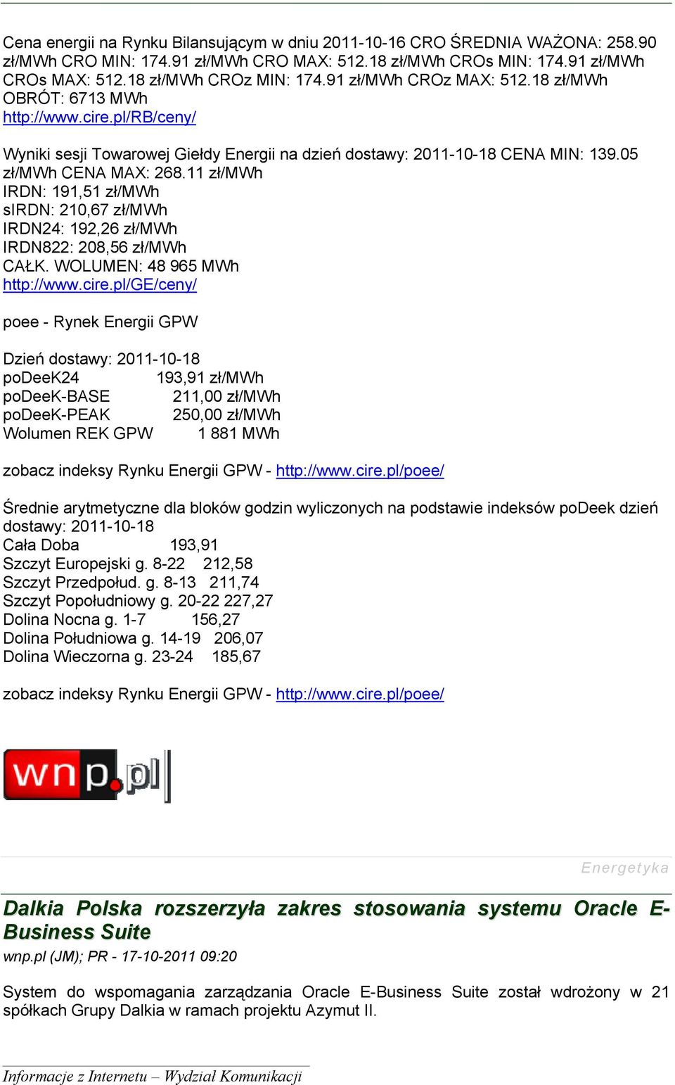 11 zł/mwh IRDN: 191,51 zł/mwh sirdn: 210,67 zł/mwh IRDN24: 192,26 zł/mwh IRDN822: 208,56 zł/mwh CAŁK. WOLUMEN: 48 965 MWh http://www.cire.