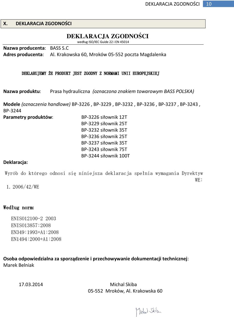 Krakowska 60, Mroków 05-552552 poczta Magdalenka Nazwa produktu: Prasa hydrauliczna (oznaczona znakiem towarowym BASS POLSKA) Modele (oznaczenia handlowe) BP-3226, BP-3229, BP-3232, BP-3236, BP-3237,