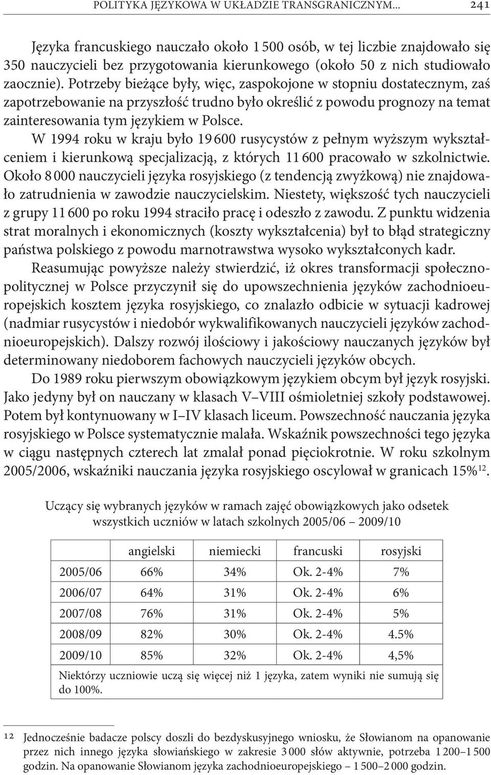 Potrzeby bieżące były, więc, zaspokojone w stopniu dostatecznym, zaś zapotrzebowanie na przyszłość trudno było określić z powodu prognozy na temat zainteresowania tym językiem w Polsce.