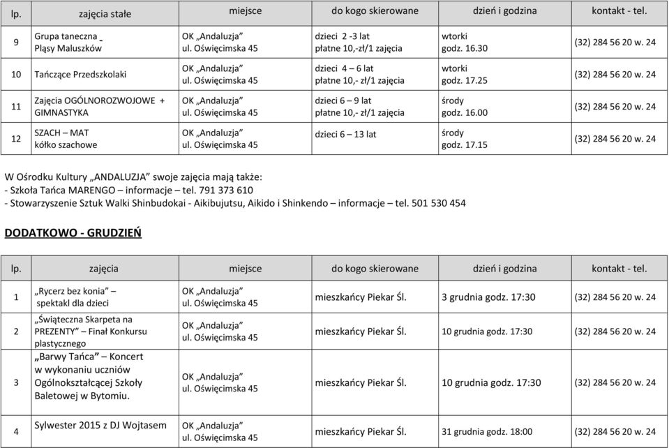 00 12 SZACH MAT kółko szachowe dzieci 6 13 lat środy godz. 17.15 W Ośrodku Kultury ANDALUZJA swoje zajęcia mają także: - Szkoła Tańca MARENGO informacje tel.