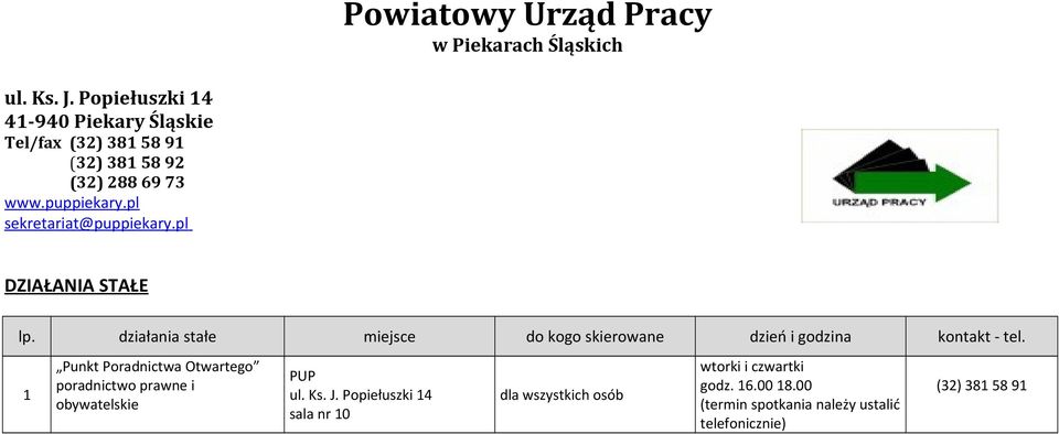 pl sekretariat@puppiekary.pl DZIAŁANIA STAŁE lp. działania stałe miejsce do kogo skierowane dzień i godzina kontakt - tel.