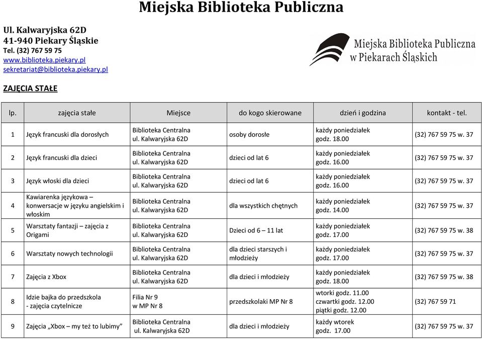 1 Język francuski dla dorosłych osoby dorosłe każdy poniedziałek 2 Język francuski dla dzieci dzieci od lat 6 każdy poniedziałek godz. 16.