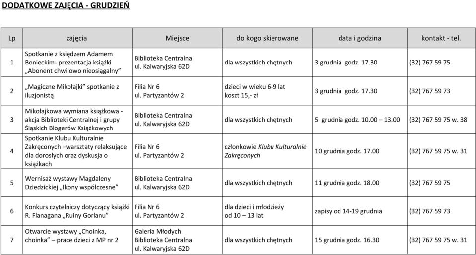 30 (32) 767 59 75 2 Magiczne Mikołajki spotkanie z iluzjonistą Filia Nr 6 ul. Partyzantów 2 dzieci w wieku 6-9 lat koszt 15,- zł 3 grudnia godz. 17.