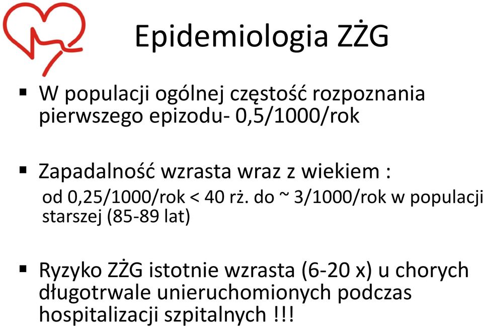 do ~ 3/1000/rok w populacji starszej (85-89 lat) Ryzyko ZŻG istotnie wzrasta