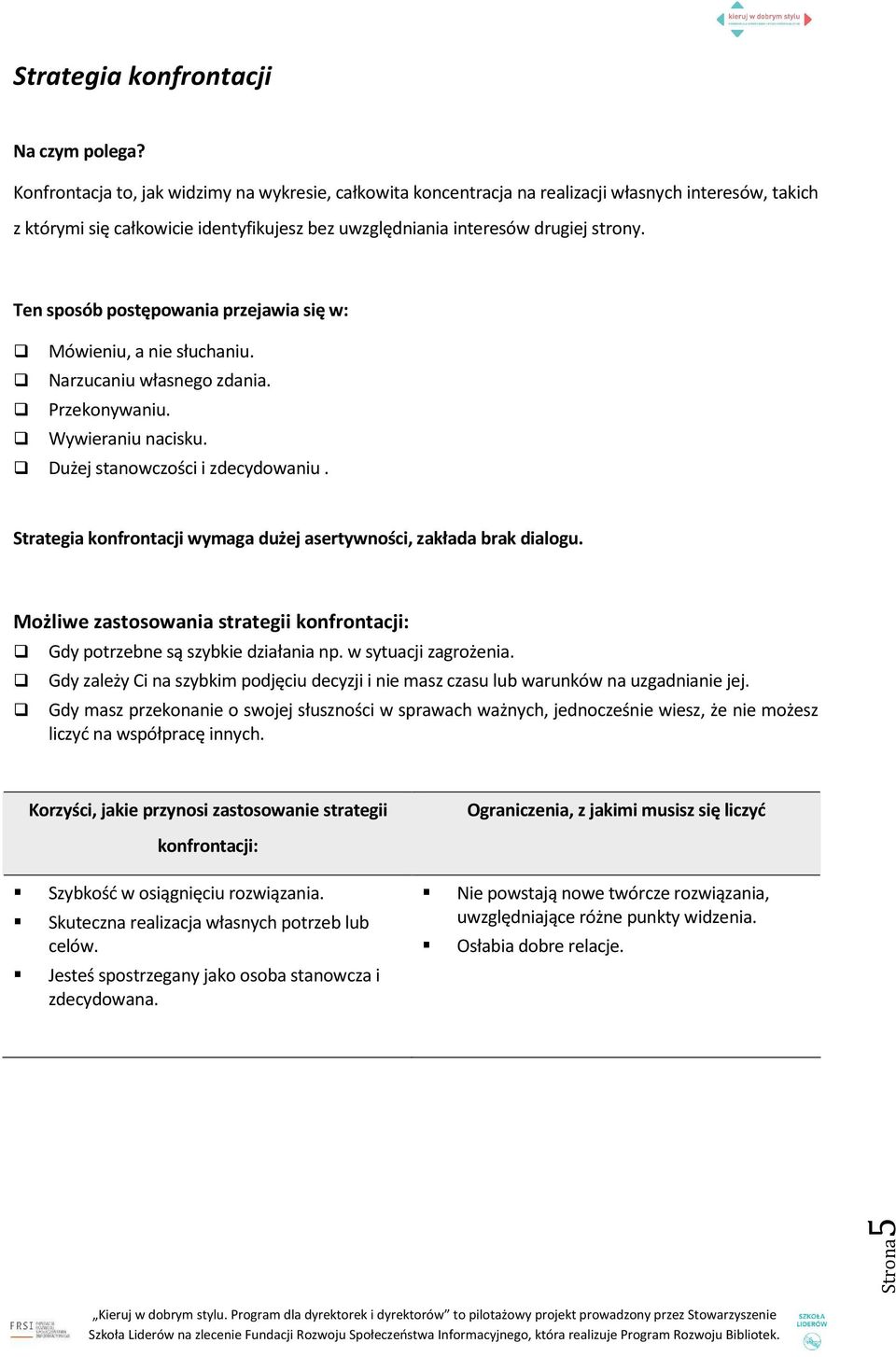 Strategia konfrontacji wymaga dużej asertywności, zakłada brak dialogu. Możliwe zastosowania strategii konfrontacji: Gdy potrzebne są szybkie działania np. w sytuacji zagrożenia.