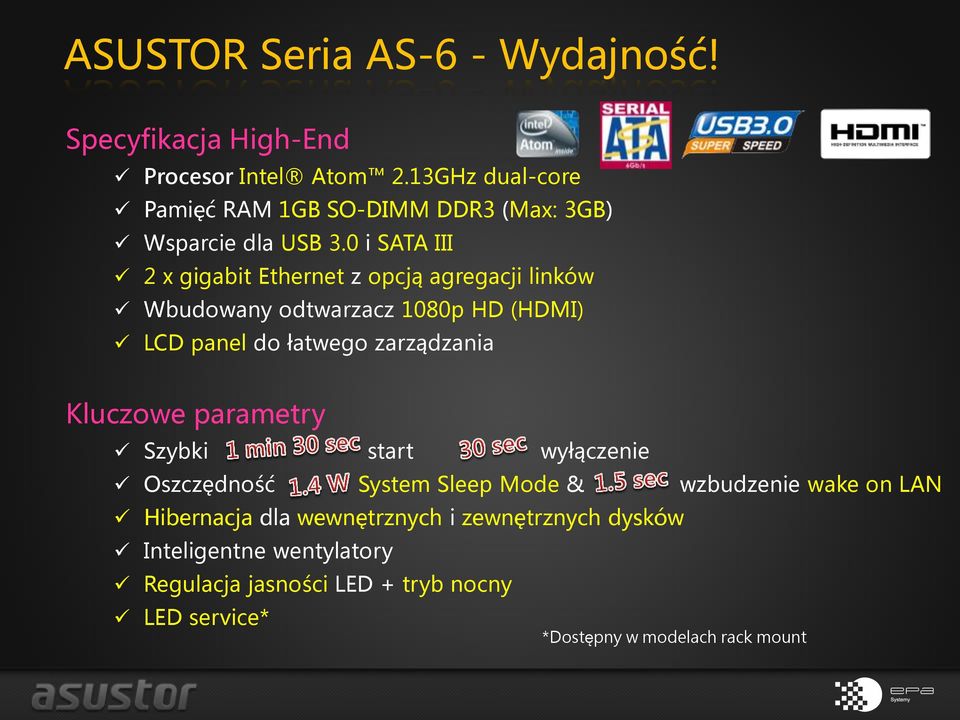 0 i SATA III 2 x gigabit Ethernet z opcją agregacji linków Wbudowany odtwarzacz 1080p HD (HDMI) LCD panel do łatwego zarządzania