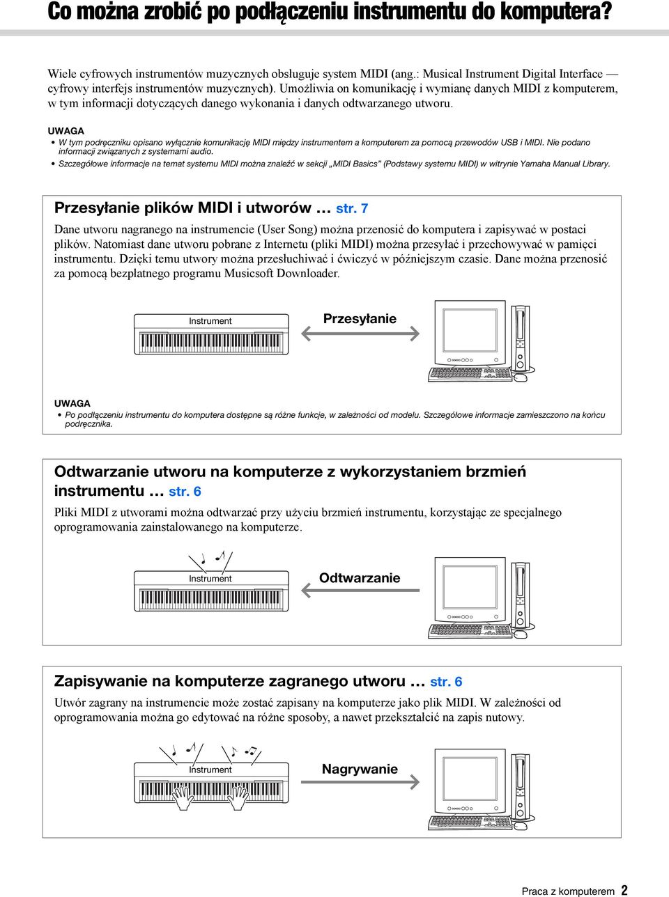 W tym podręczniku opisano wyłącznie komunikację MIDI między instrumentem a komputerem za pomocą przewodów USB i MIDI. Nie podano informacji związanych z systemami audio.