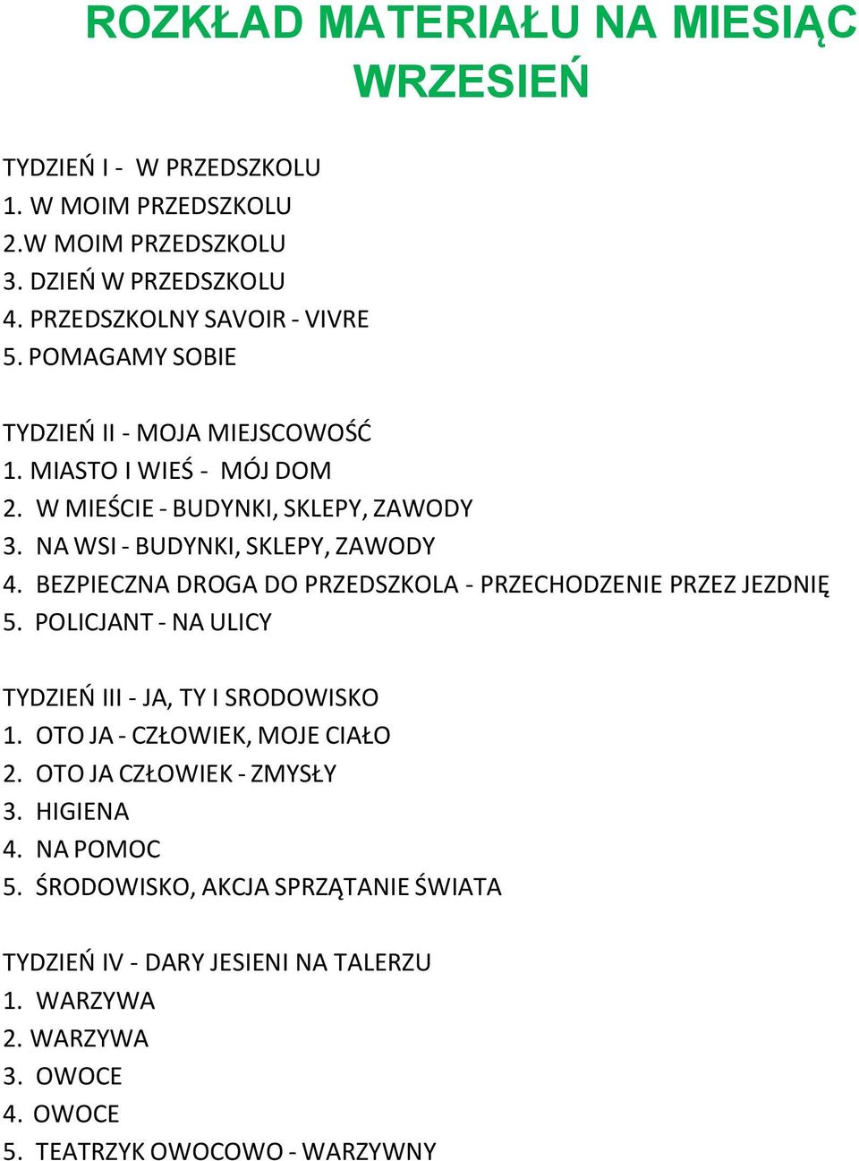 BEZPIECZNA DROGA DO PRZEDSZKOLA - PRZECHODZENIE PRZEZ JEZDNIĘ 5. POLICJANT - NA ULICY TYDZIEŃ III - JA, TY I SRODOWISKO 1. OTO JA - CZŁOWIEK, MOJE CIAŁO 2.