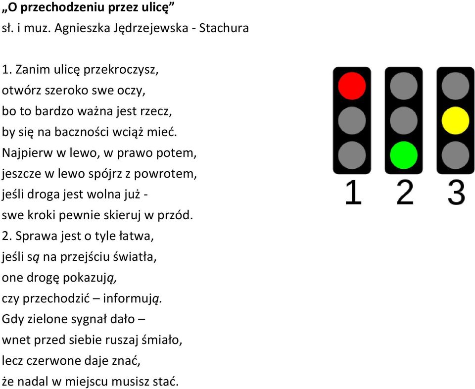 Najpierw w lewo, w prawo potem, jeszcze w lewo spójrz z powrotem, jeśli droga jest wolna już - swe kroki pewnie skieruj w przód. 2.