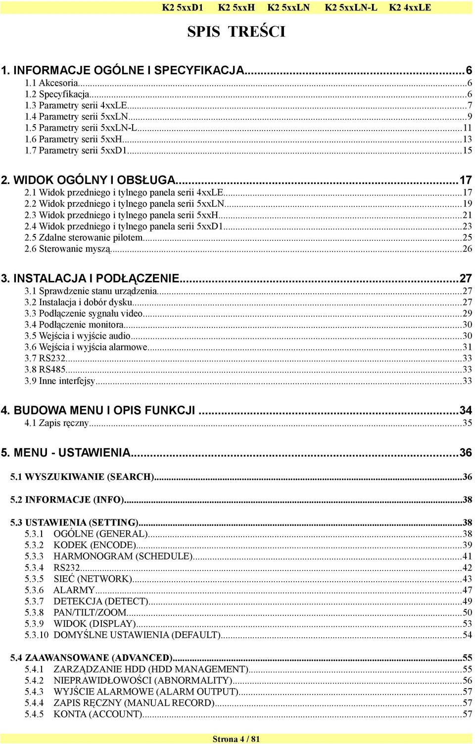 3 Widok przedniego i tylnego panela serii 5xxH...21 2.4 Widok przedniego i tylnego panela serii 5xxD1...23 2.5 Zdalne sterowanie pilotem...25 2.6 Sterowanie myszą...26 3. INSTALACJA I PODŁĄCZENIE.