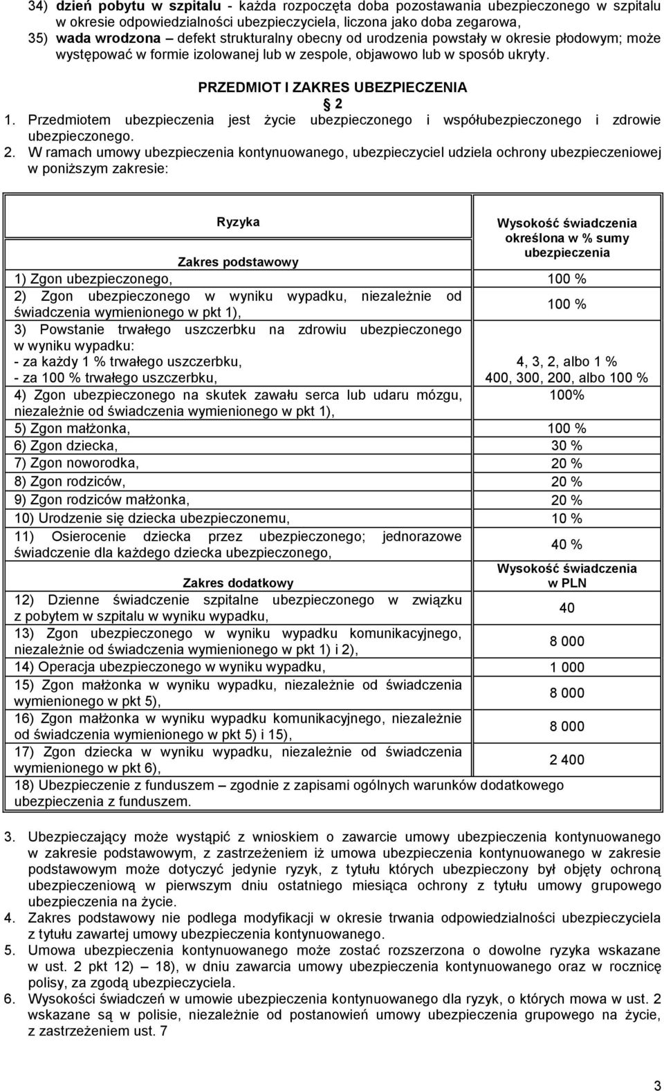 Przedmiotem ubezpieczenia jest życie ubezpieczonego i współubezpieczonego i zdrowie ubezpieczonego. 2.