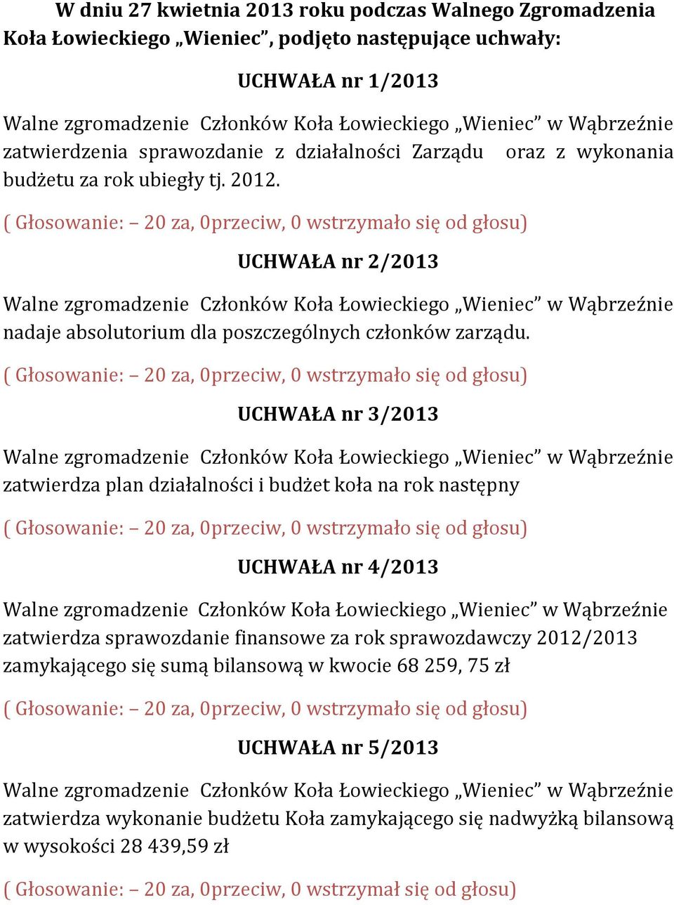 UCHWAŁA nr 3/2013 zatwierdza plan działalności i budżet koła na rok następny UCHWAŁA nr 4/2013 zatwierdza sprawozdanie finansowe za rok sprawozdawczy 2012/2013 zamykającego