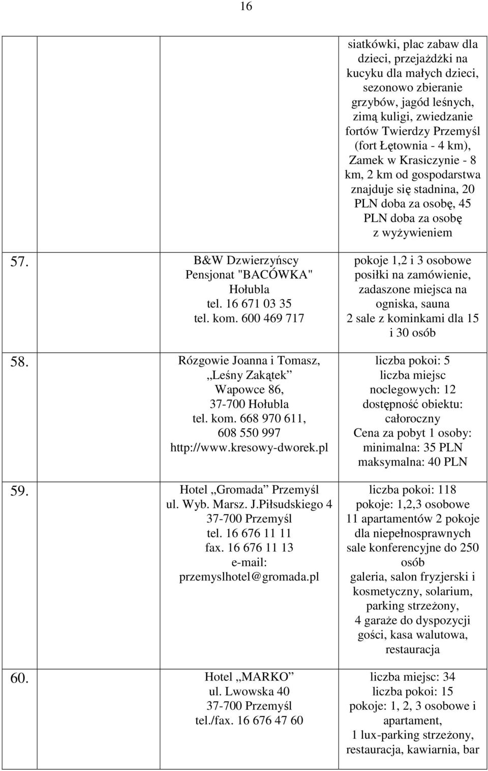 600 469 717 58. Rózgowie Joanna i Tomasz, Leśny Zakątek Wapowce 86, 37-700 Hołubla tel. kom. 668 970 611, 608 550 997 http://www.kresowy-dworek.pl 59. Hotel Gromada Przemyśl ul. Wyb. Marsz. J.Piłsudskiego 4 tel.