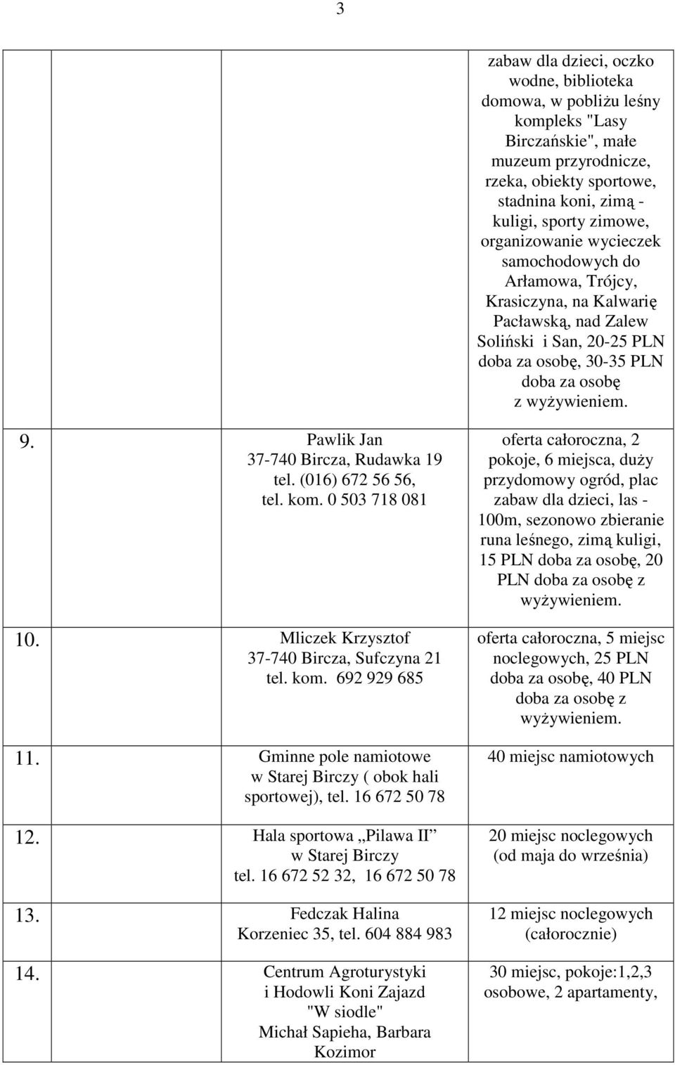 Pawlik Jan 37-740 Bircza, Rudawka 19 tel. (016) 672 56 56, tel. kom. 0 503 718 081 10. Mliczek Krzysztof 37-740 Bircza, Sufczyna 21 tel. kom. 692 929 685 11.