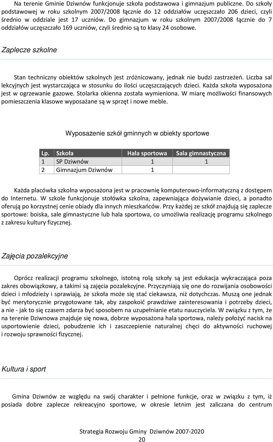 Do gimnazjum w roku szkolnym 2007/2008 łącznie do 7 oddziałów uczęszczało 169 uczniów, czyli średnio są to klasy 24 osobowe.