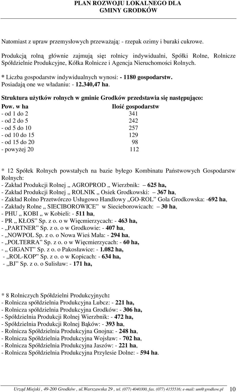 * Liczba gospodarstw indywidualnych wynosi: - 1180 gospodarstw. Posiadają one we władaniu: - 12.340,47 ha. Struktura uŝytków rolnych w gminie Grodków przedstawia się następująco: Pow.