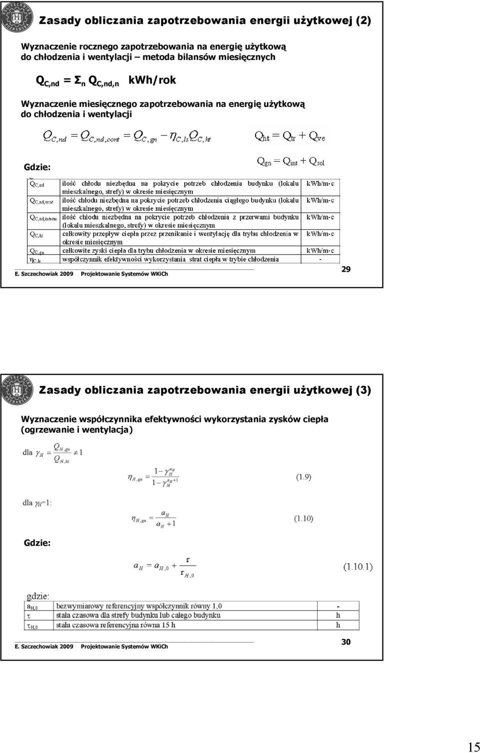 zapotrzebowania na energię użytkową do chłodzenia i wentylacji Gdzie: 29 Zasady obliczania zapotrzebowania energii