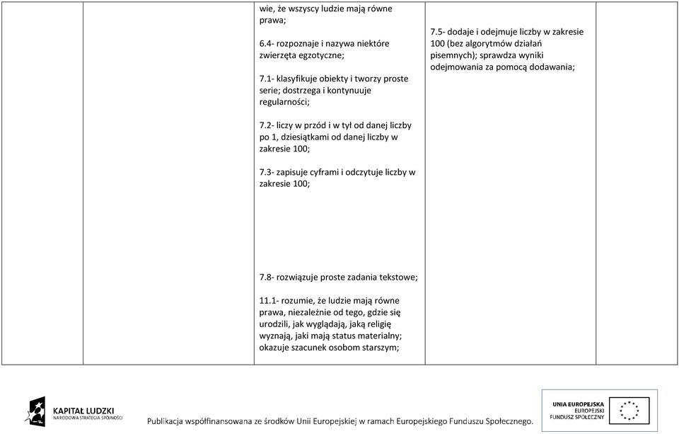 5- dodaje i odejmuje liczby w zakresie 100 (bez algorytmów działań pisemnych); sprawdza wyniki odejmowania za pomocą dodawania; 7.