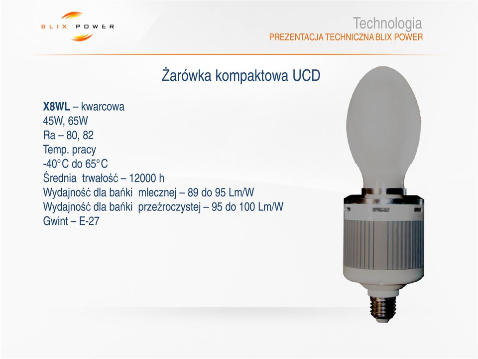 pracy -40 C do 65 C Średnia trwałość 12000 h Wydajność