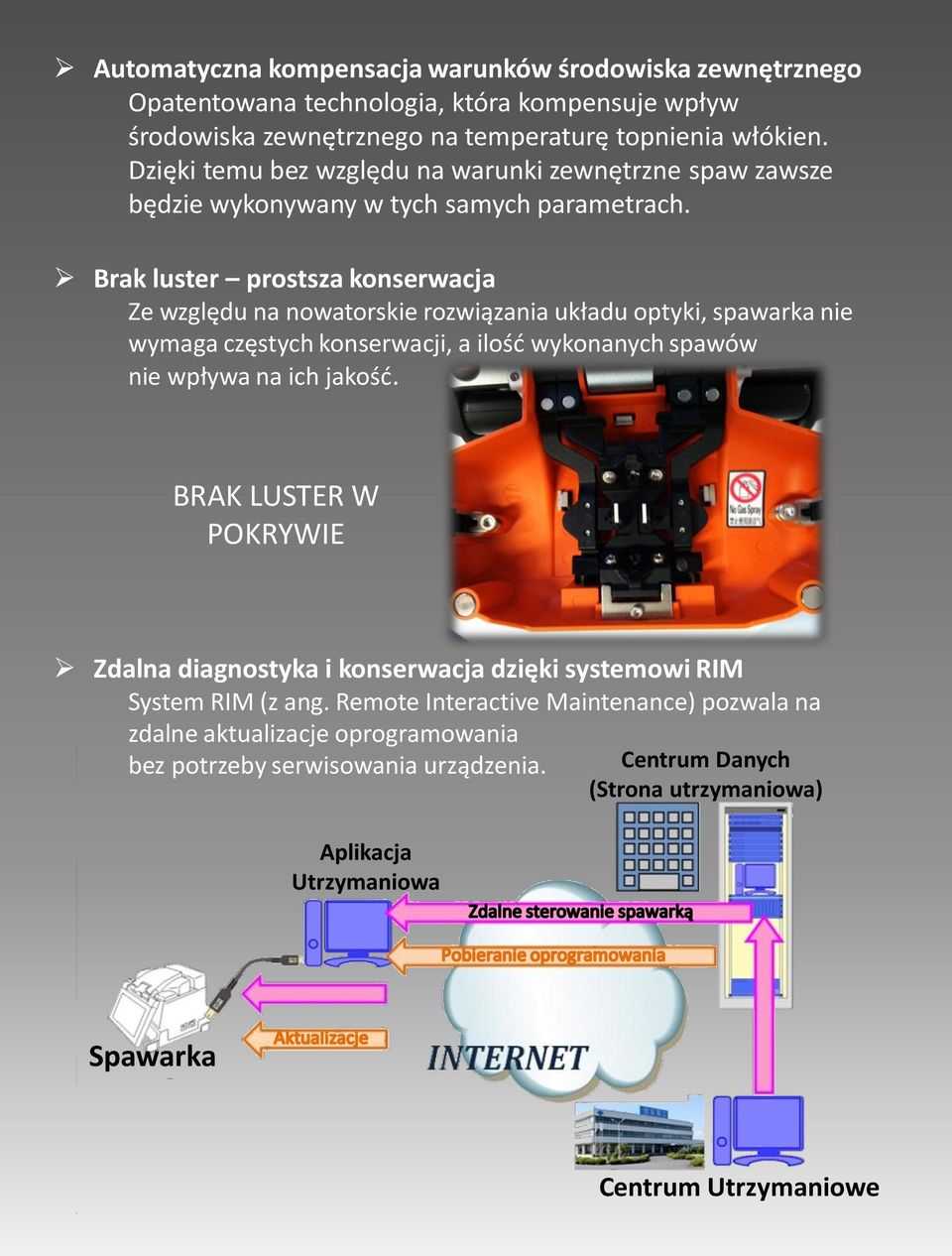 Brak luster prostsza konserwacja Ze względu na nowatorskie rozwiązania układu optyki, spawarka nie wymaga częstych konserwacji, a ilość wykonanych spawów nie wpływa na ich jakość.