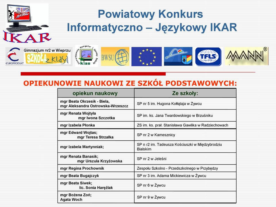 Sonia Harężlak mgr Bożena Zoń; Agata Woch SP nr 5 im. Hugona Kołłątaja w Żywcu SP im. ks. Jana Twardowskiego w Brzuśniku ZS im. ks. prał.