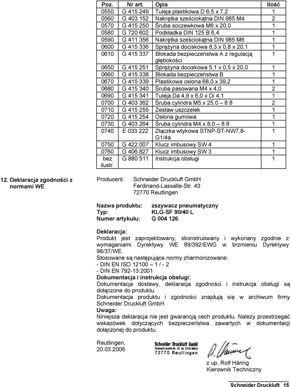 411 356 Nakrętka sześciokątna DIN 985 M6 1 0600 G 415 336 Sprężyna dociskowa 8,3 x 0,8 x 20,1 1 0610 G 415 337 Blokada bezpieczeństwa A z regulacją 1 głębokości 0650 G 415 251 Sprężyna dociskowa 5,1