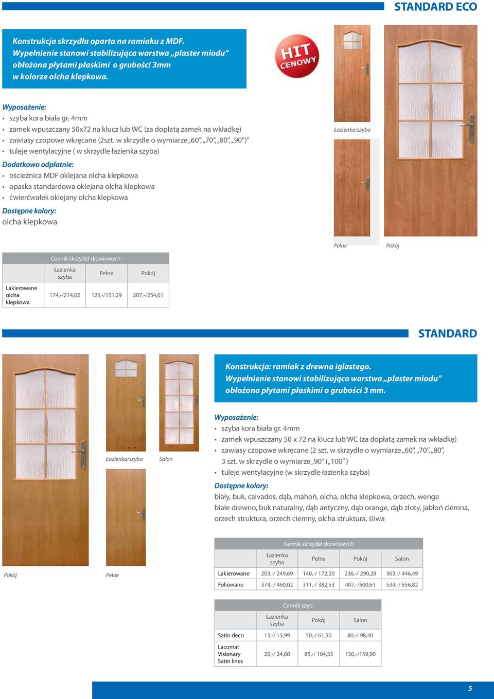 w skrzydle o wymiarze 60, 70, 80, 90 ) tuleje wentylacyjne ( w skrzydle łazienka ) Dodatkowo odpłatnie: ościeżnica MDF oklejana olcha klepkowa opaska standardowa oklejana olcha klepkowa ćwierćwałek