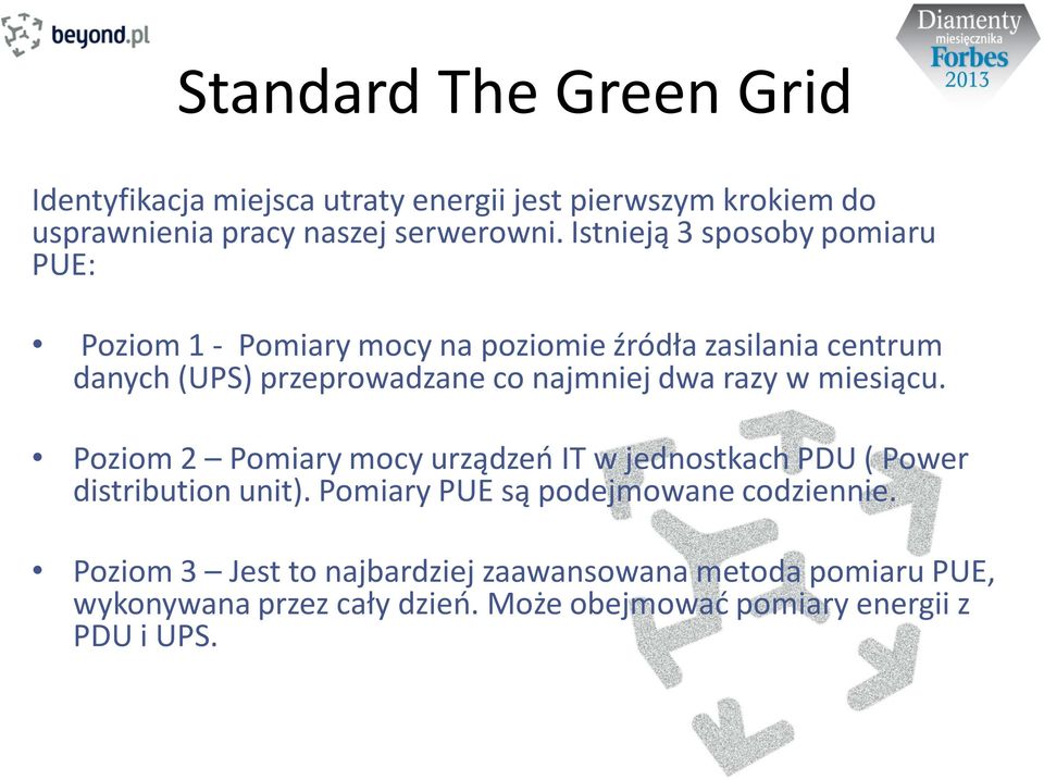 dwa razy w miesiącu. Poziom 2 Pomiary mocy urządzeń IT w jednostkach PDU ( Power distribution unit).