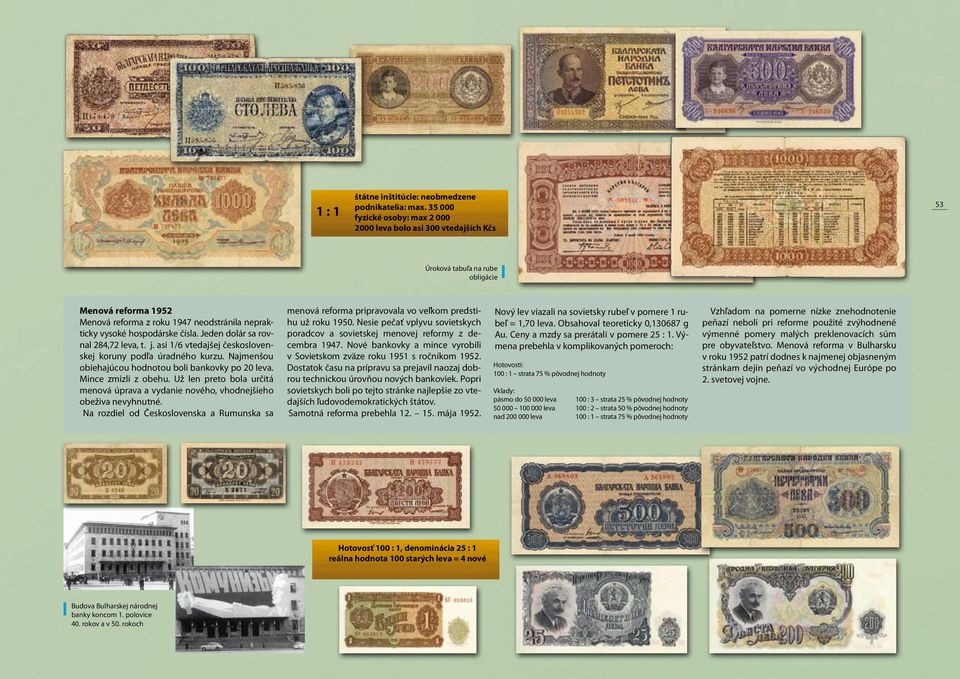 čísla. Jeden dolár sa rovnal 284,72 leva, t. j. asi 1/6 vtedajšej československej koruny podľa úradného kurzu. Najmenšou obiehajúcou hodnotou boli bankovky po 20 leva. Mince zmizli z obehu.