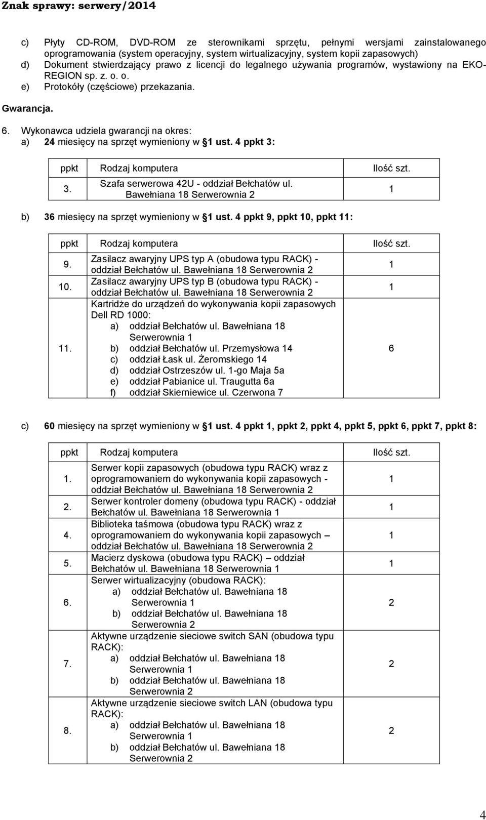 Wykonawca udziela gwarancji na okres: a) 4 miesięcy na sprzęt wymieniony w ust. 4 ppkt 3: 3. Szafa serwerowa 4U oddział Bełchatów ul.