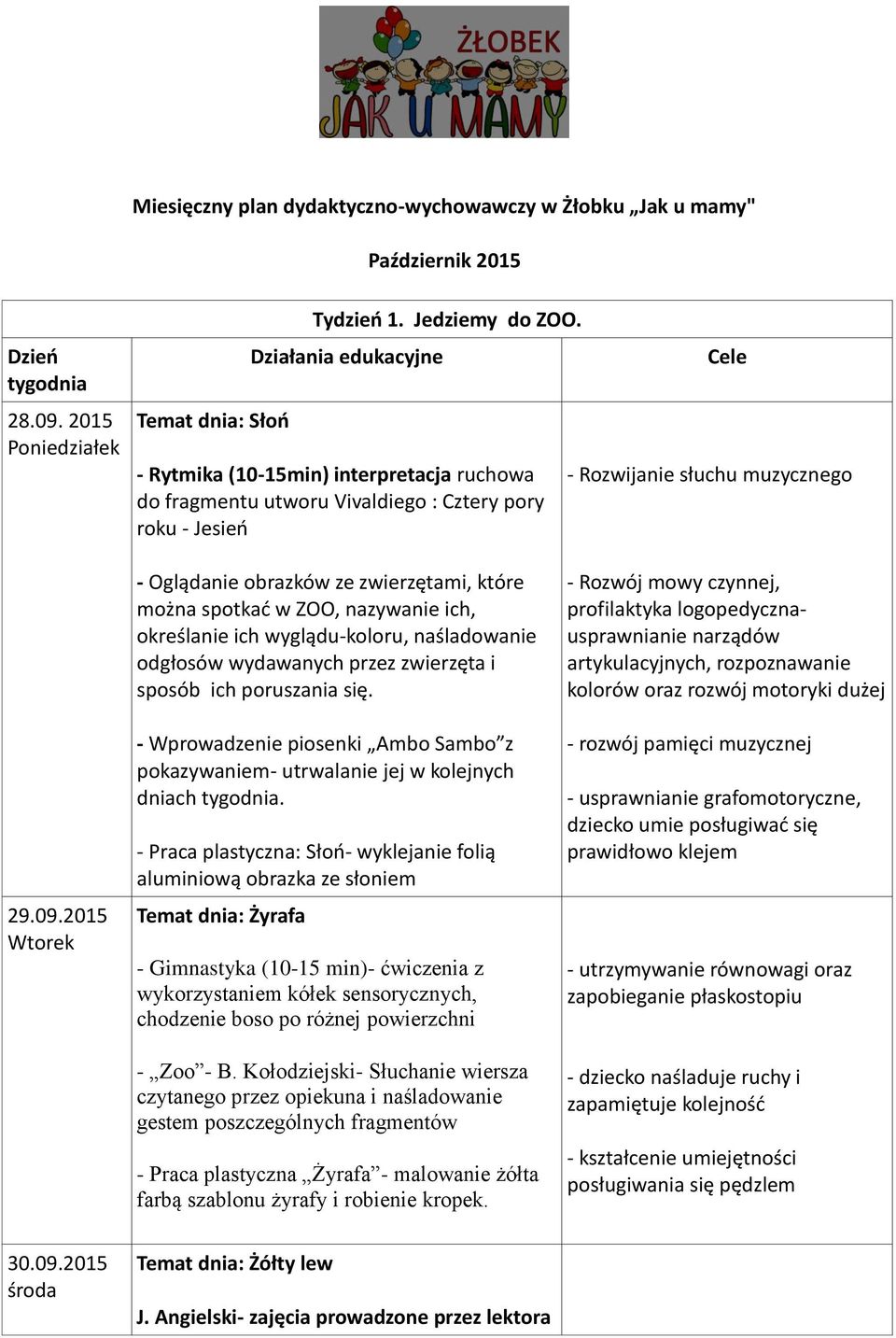 2015 Wtorek - Oglądanie obrazków ze zwierzętami, które można spotkać w ZOO, nazywanie ich, określanie ich wyglądu-koloru, naśladowanie odgłosów wydawanych przez zwierzęta i sposób ich poruszania się.