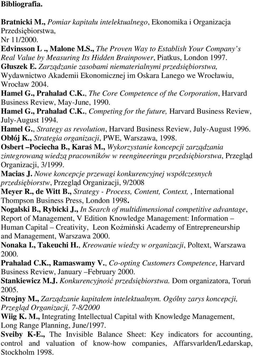 Zarządzanie zasobami niematerialnymi przedsiębiorstwa, Wydawnictwo Akademii Ekonomicznej im Oskara Lanego we Wrocławiu, Wrocław 2004. Hamel G., Prahalad C.K.