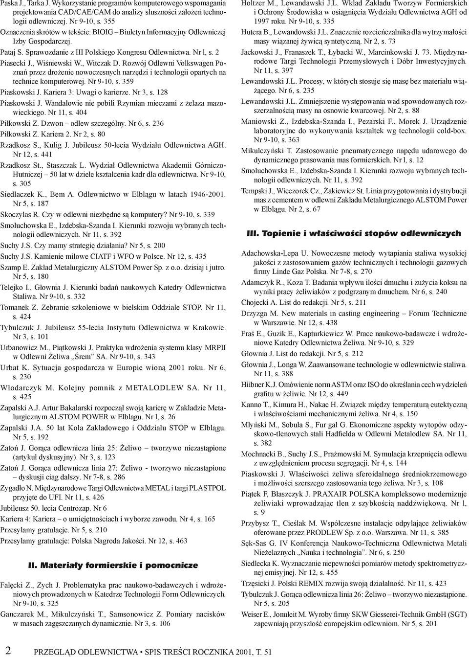 , Witczak D. Rozwój Odlewni Volkswagen Poznań przez drożenie nowoczesnych narzędzi i technologii opartych na technice komputerowej. Nr 9-10, s. 359 Piaskowski J. Kariera 3: Uwagi o karierze. Nr 3, s.