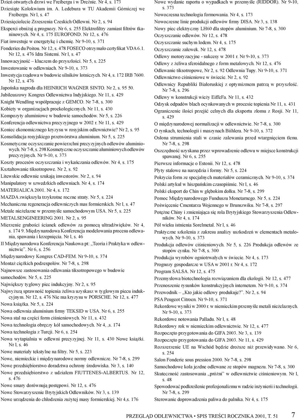 Nr 12, s. 478 FOSECO otrzymało certyfikat VDA 6.1. Nr 12, s. 476 Idra Sistemi. Nr l, s. 47 Innowacyjność kluczem do przyszłości. Nr 5, s. 225 Inwestowanie w odlewniach. Nr 9-10, s.