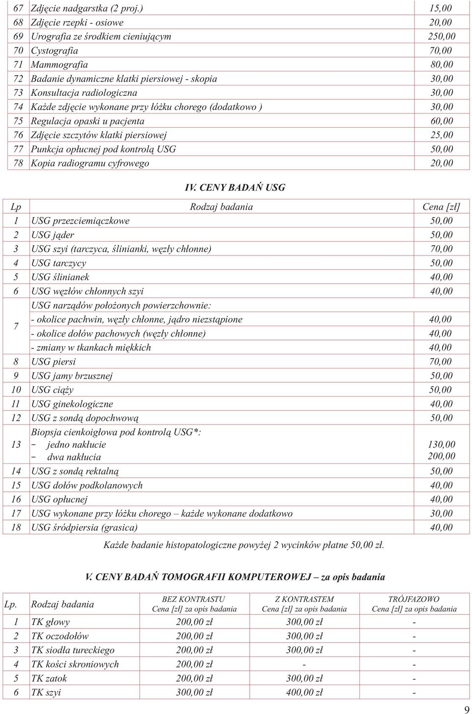 radiologiczna 30,00 74 Każde zdjęcie wykonane przy łóżku chorego (dodatkowo ) 30,00 75 Regulacja opaski u pacjenta 60,00 76 Zdjęcie szczytów klatki piersiowej 25,00 77 Punkcja opłucnej pod kontrolą