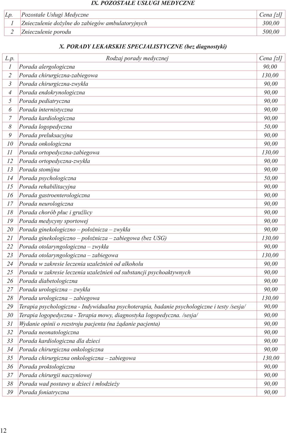 Rodzaj porady medycznej Cena [zł] 1 Porada alergologiczna 90,00 2 Porada chirurgiczna-zabiegowa 130,00 3 Porada chirurgiczna-zwykła 90,00 4 Porada endokrynologiczna 90,00 5 Porada pediatryczna 90,00