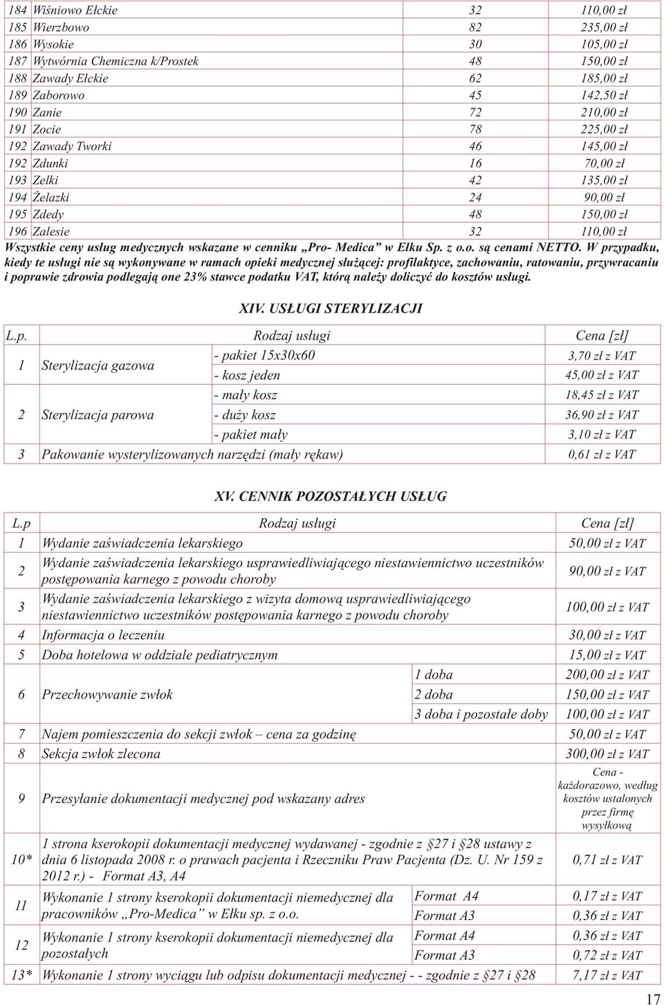 usług medycznych wskazane w cenniku Pro- Medica w Ełku Sp. z o.o. są cenami NETTO.